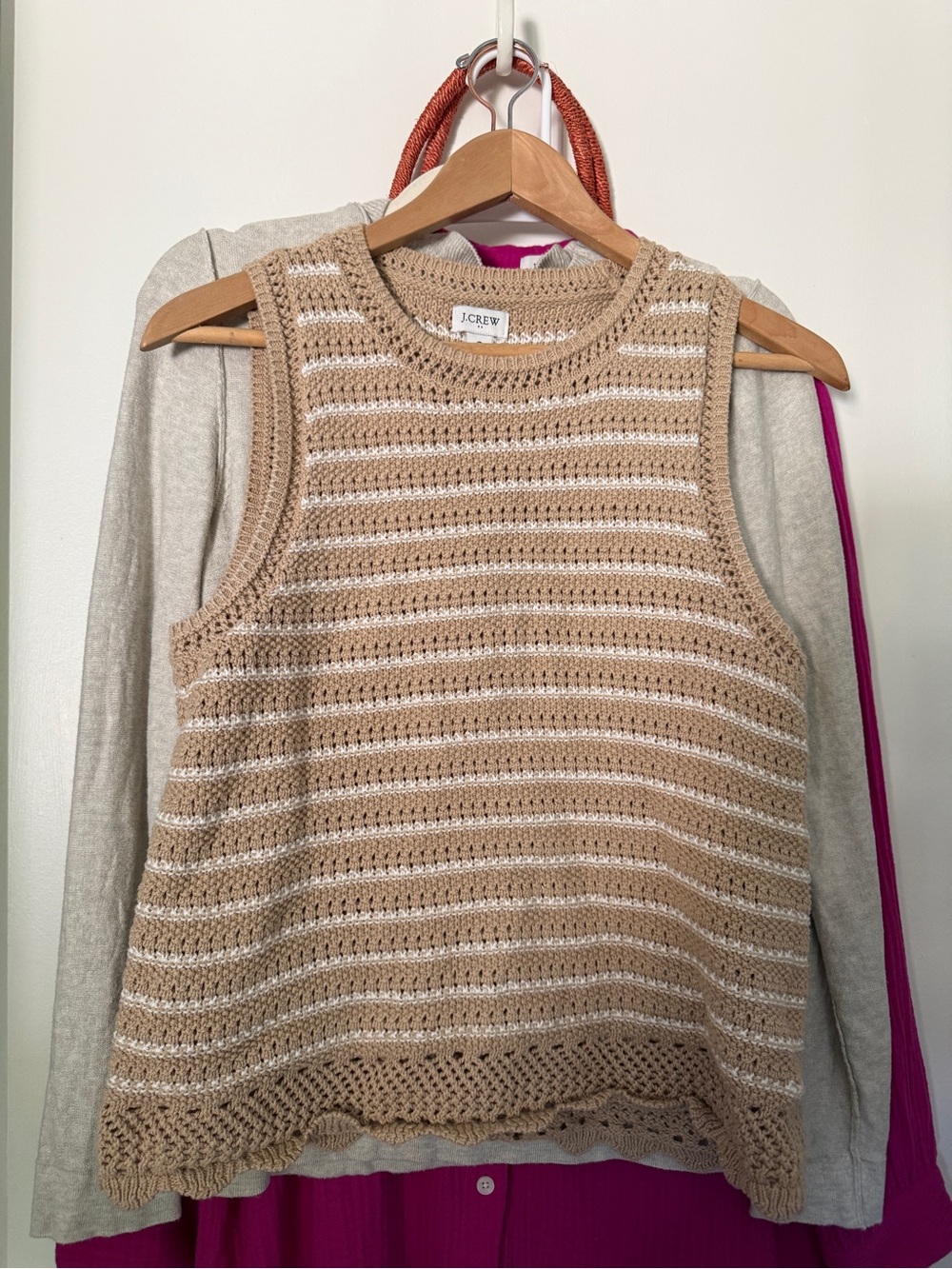 J. Crew Beige and White Crochet Stripe Knit Tank